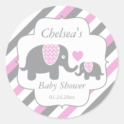 White Pink  Gray Stripe Elephants Baby Shower Classic Round Sticker