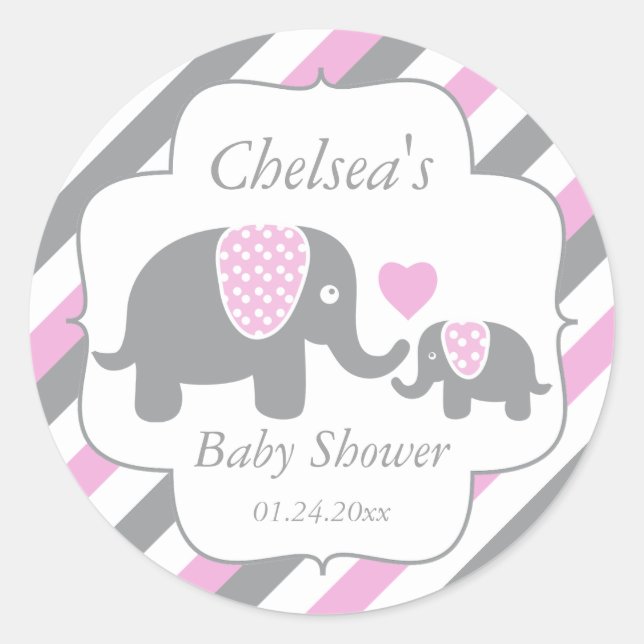 White, Pink & Gray Stripe Elephants Baby Shower Classic Round Sticker (Front)