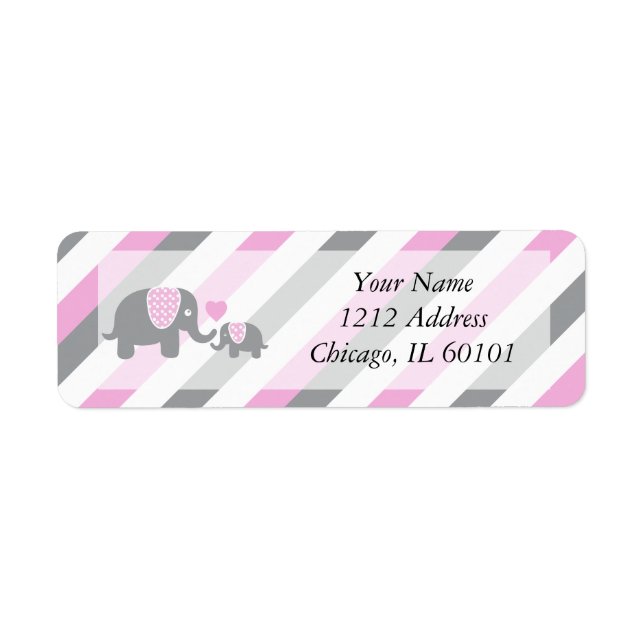 White, Pink & Gray Stripe Elephants Baby Shower Label (Front)