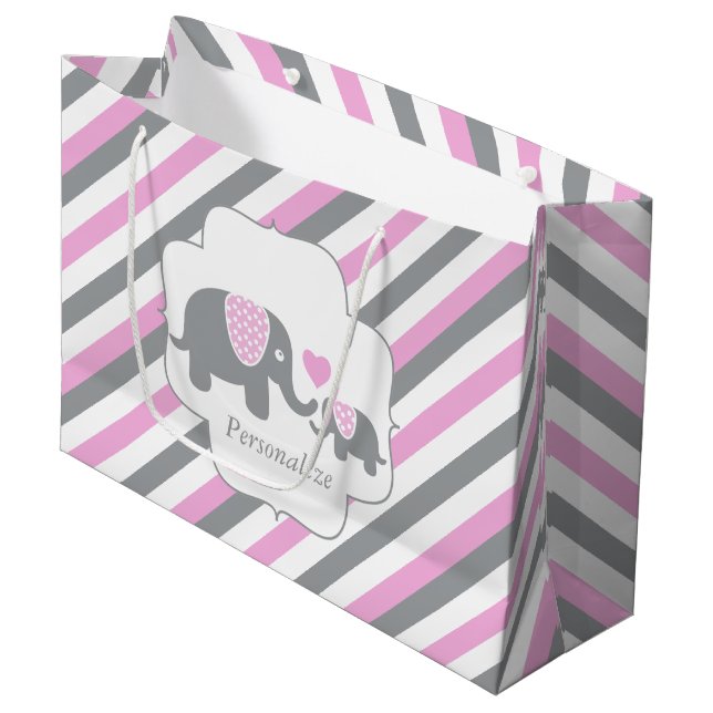 White, Pink & Gray Stripe Elephants Baby Shower Large Gift Bag (Front Angled)