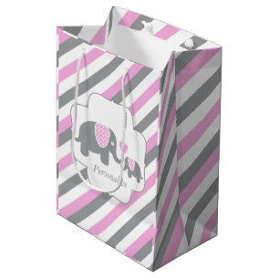 White, Pink & Gray Stripe Elephants Baby Shower Medium Gift Bag