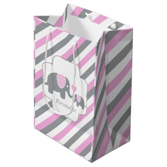 White, Pink & Gray Stripe Elephants Baby Shower Medium Gift Bag (Front Angled)