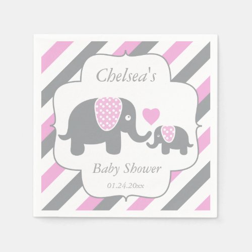 White Pink  Gray Stripe Elephants Baby Shower Napkins