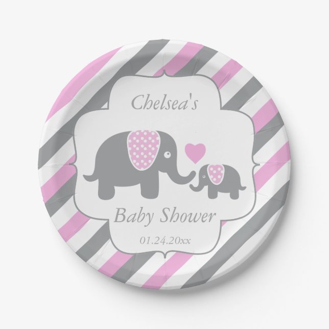 White, Pink & Gray Stripe Elephants Baby Shower Paper Plates (Front)