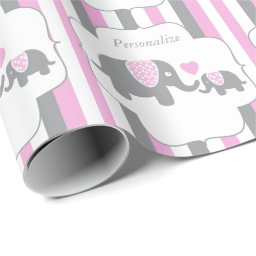White Pink  Gray Stripe Elephants Baby Shower Wrapping Paper