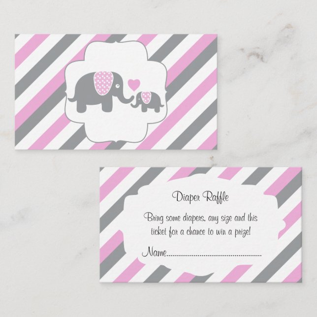 White, Pink & Gray Stripe Elephants  Diaper Raffle Enclosure Card (Front/Back)