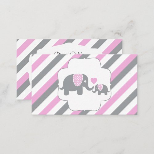 White Pink  Gray Stripe Elephants  Diaper Raffle Enclosure Card