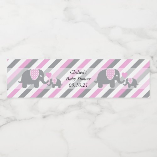 White Pink  Gray Stripe Elephants Water Bottle Label