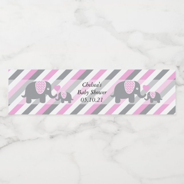 White, Pink & Gray Stripe Elephants Water Bottle Label (Single Label)