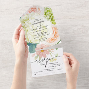 White Pink Green Floral Wedding All In One Invitation