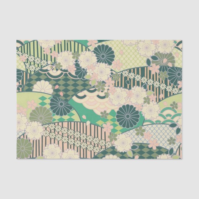 White Pink Green Japanese Kimono Floral Decoupage Tissue Paper (Front)