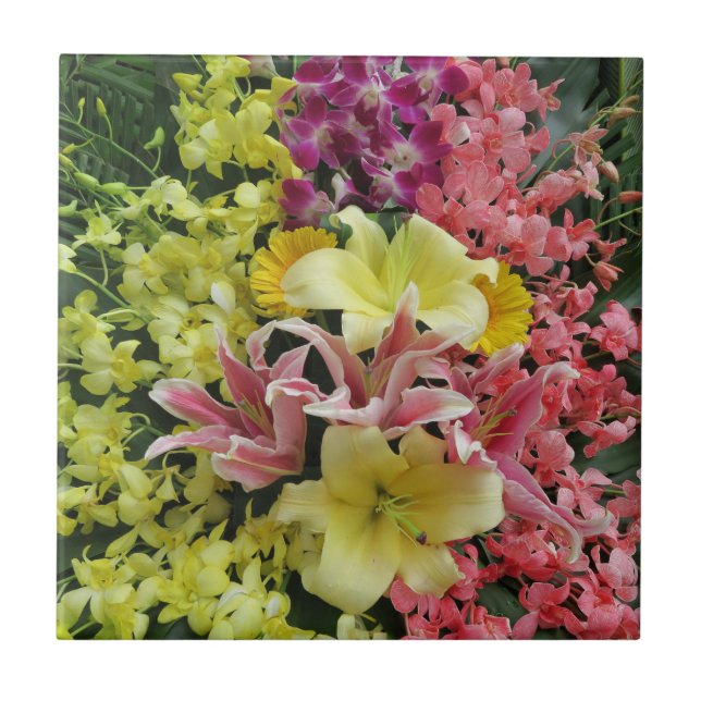 white + pink, green + purple, flower + blossom, as ceramic tile (Front)