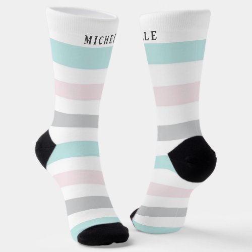  White Pink Grey Blue Striped For Custom Name  Socks