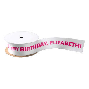 White Pink Happy Birthday Name Personalized Satin Ribbon