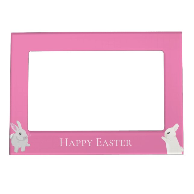 White Pink Happy Easter Bunnies Magnetic Frame (Front)