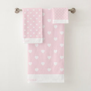 WHITE PINK HEART BATHROOM TOWEL SET