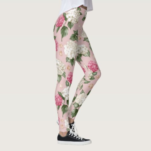 White pink Hydrangea floral seamless pattern Leggings