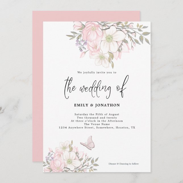 White Pink Magnolia Butterfly Script Wedding Invitation (Front/Back)