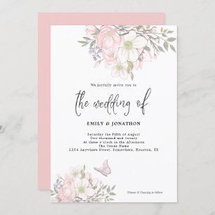 White Pink Magnolia Butterfly Script Wedding Invitation