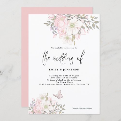 White Pink Magnolia Butterfly Script Wedding Invitation