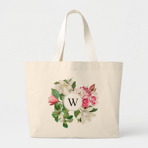 White  Pink Magnolia Flowers Monogram Large Tote Bag