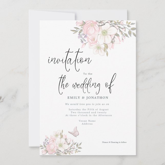 White Pink Magnolias Butterfly Script Wedding Invitation (Front)