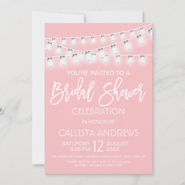 White Pink Mason Jar String Lights Bridal Shower Invitation (Front)