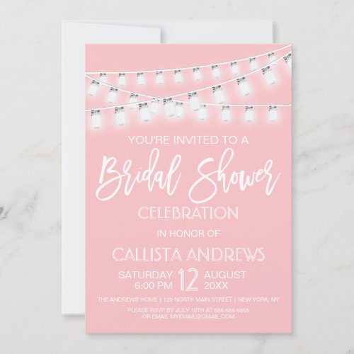 White Pink Mason Jar String Lights Bridal Shower Invitation