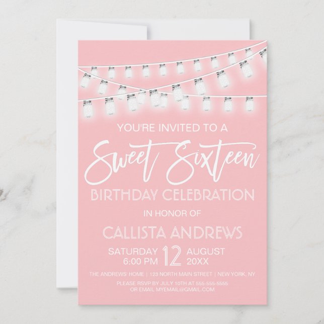 White Pink Mason Jar String Lights Sweet 16 Invitation (Front)