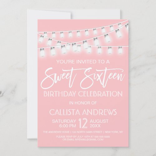 White Pink Mason Jar String Lights Sweet 16 Invitation