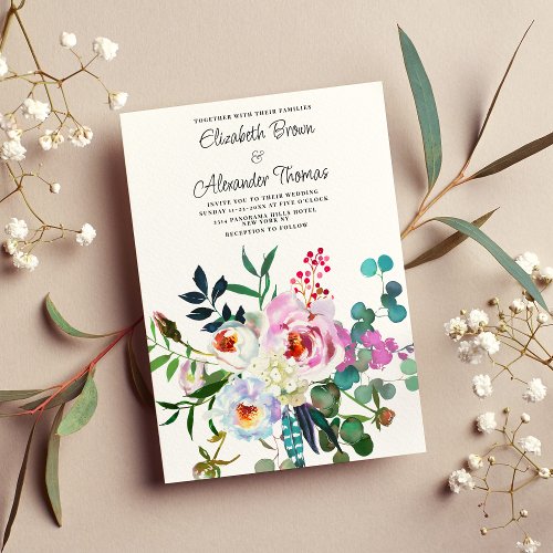 White pink mint green peony floral boho wedding invitation