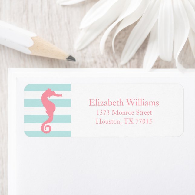 White Pink Mint Stripes Seahorse Label (Insitu)