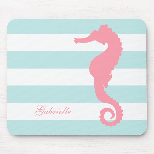 White Pink Mint Stripes Seahorse Mouse Pad (Front)