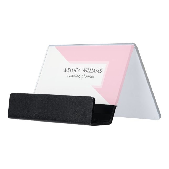 White & Pink Modern Geometric Design Desk Business Card Holder (Angled Front)
