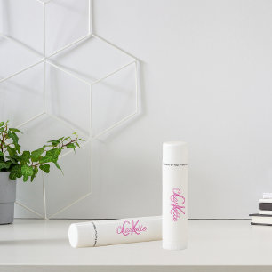 White pink monogram name lip balm