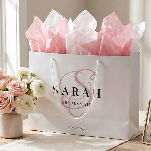 White Pink Monogram Personalized Bridesmaid Large Gift Bag