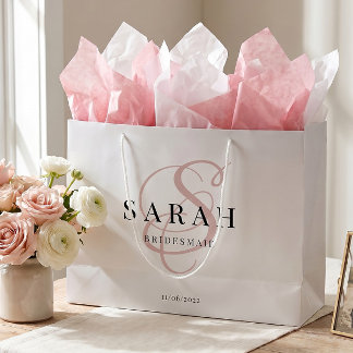 White Pink Monogram Personalized Bridesmaid Large Gift Bag