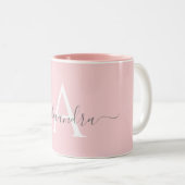 White Pink Name Initial Monogram Elegant Script Two-Tone Coffee Mug (Front Right)