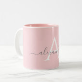 White Pink Name Initial Monogram Elegant Script Two-Tone Coffee Mug (Front Left)