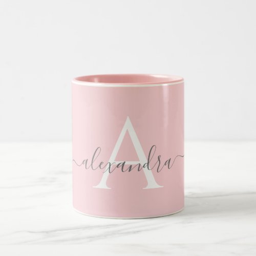 White Pink Name Initial Monogram Elegant Script Two_Tone Coffee Mug