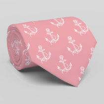 White & Pink Nautical Boat Anchors Neck Tie