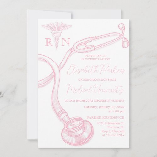 White Pink Nursing School Graduation Party Invitation