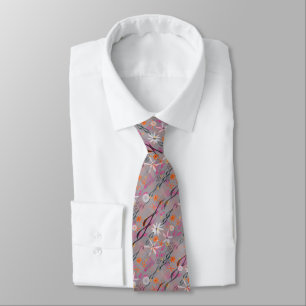 White, pink, orange flowers on gray neck tie