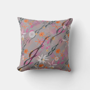White, pink, orange flowers on gray throw pillow