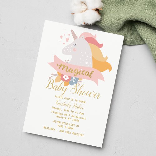 White pink orange gold unicorn floral Baby Shower  Invitation