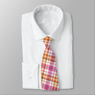 White Pink Orange Plaid Tartan Design Neck Tie