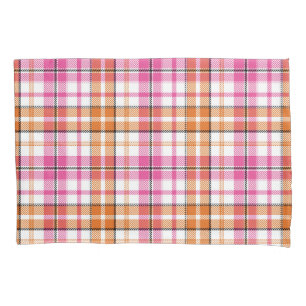 White Pink Orange Plaid Tartan Design Pillow Case
