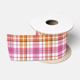 White Pink Orange Plaid Tartan Design Satin Ribbon