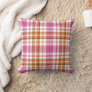 White Pink Orange Plaid Tartan Design Throw Pillow
