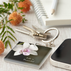 White Pink Orchid Flower Kauai, Hawaii Keychain